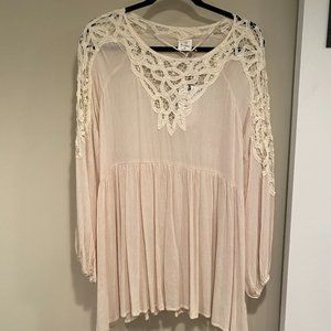Beige Long Sleeve Mesh Lightweight Blouse